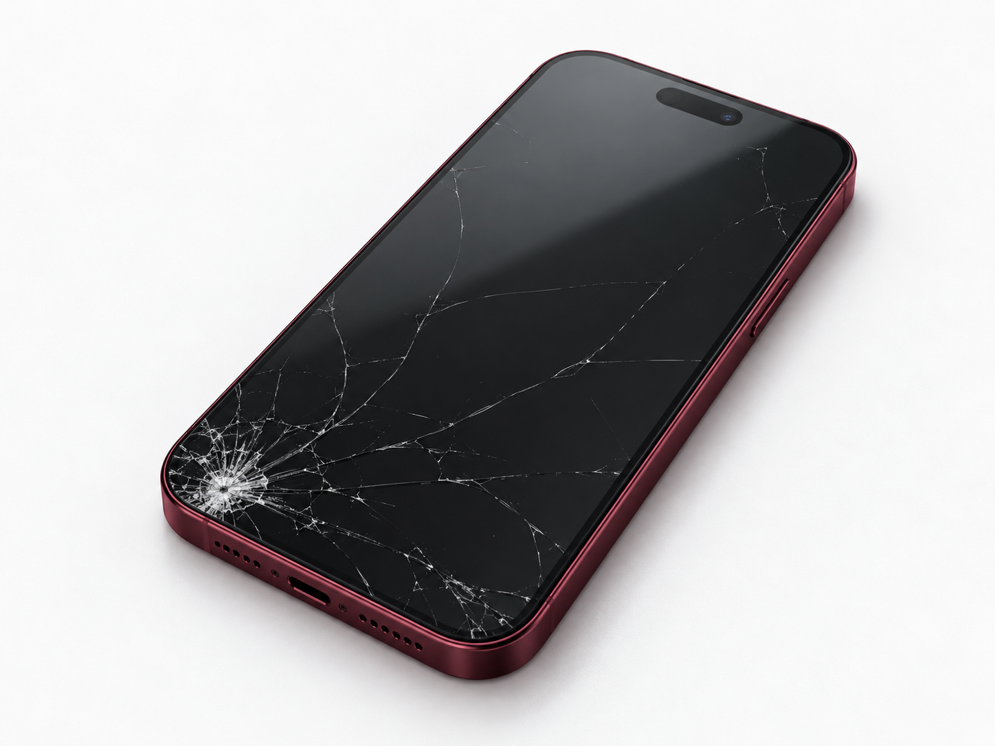 Burgunderrotes iPhone mit gesprungenem Display – Symbolbild zur Smartphone-Reparatur