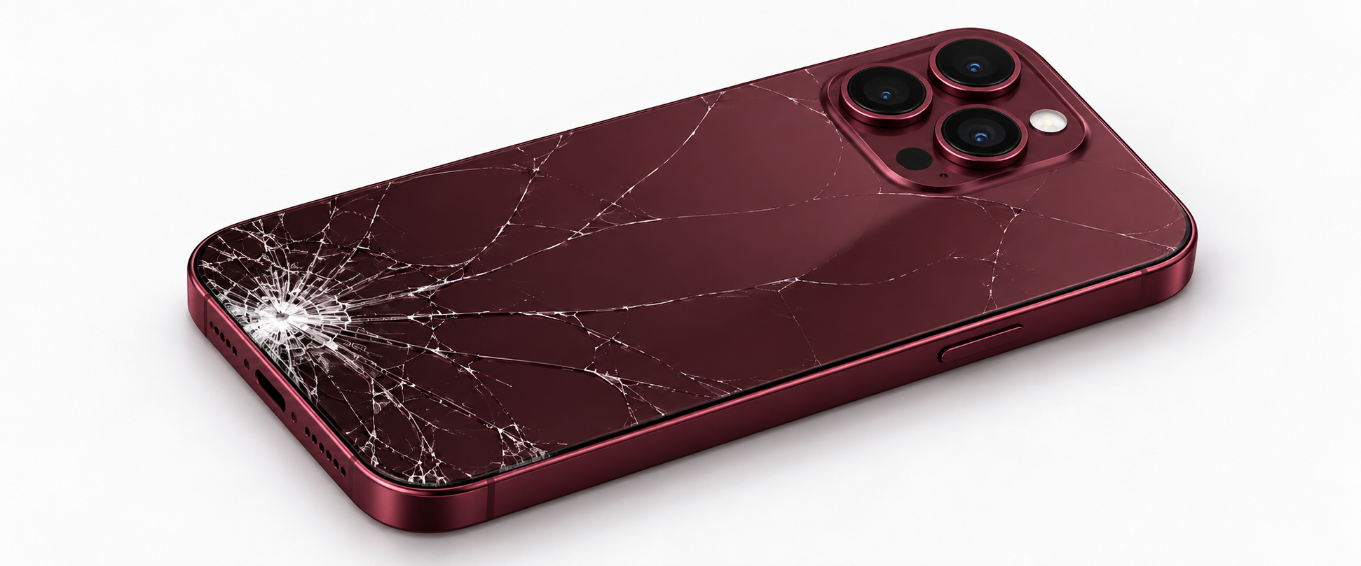 Burgunderrotes Smartphone mit gebrochener Glasrückseite – Symbolbild zur Reparatur